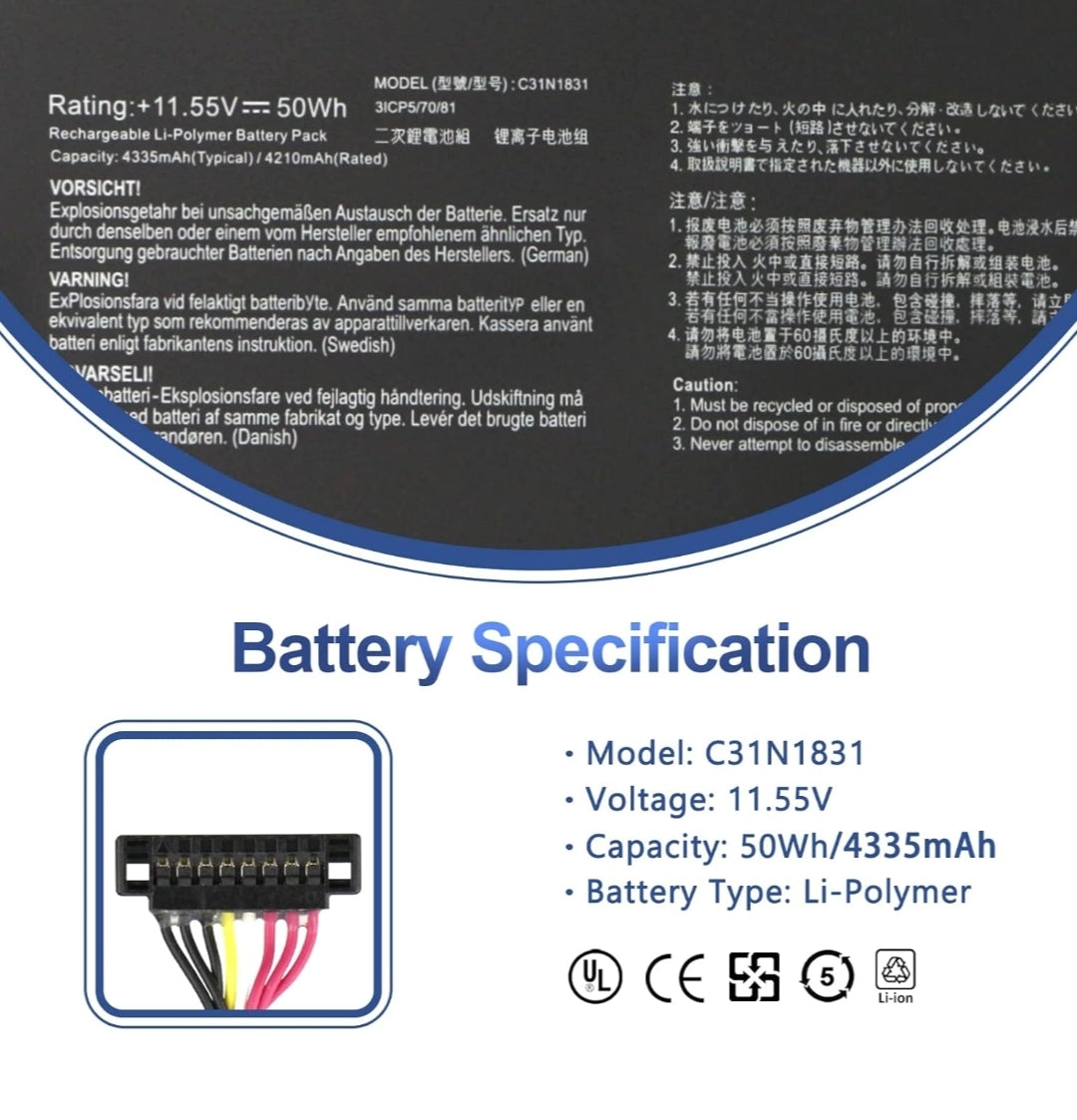 ASUS C31N1831 - C31N1831 Original Laptop Notebook Battery (1 Yr Warranty)