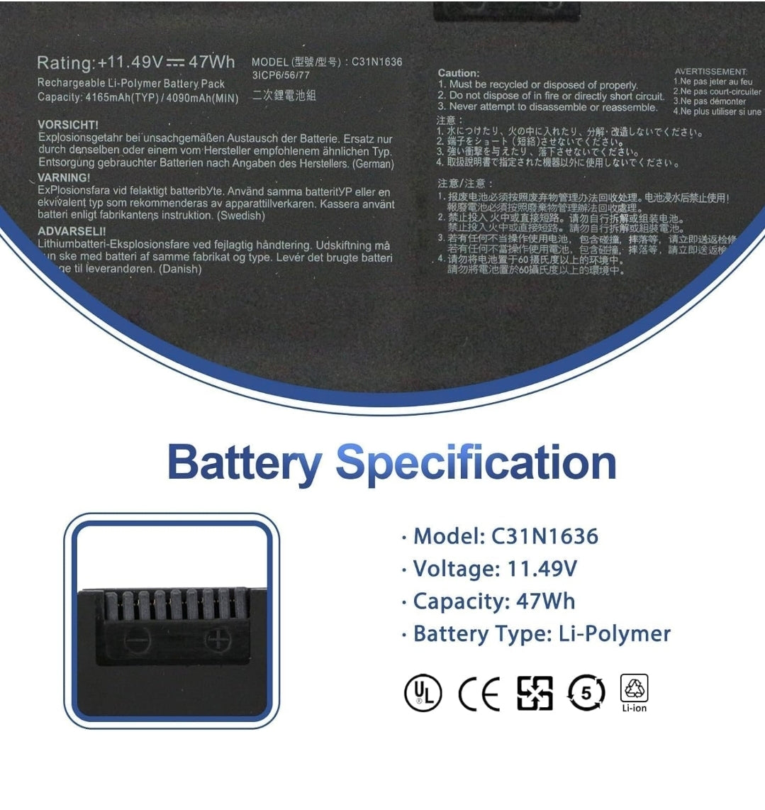 ASUS C31N1636 - C31N1636 Original Laptop Notebook Battery (1 Yr Warranty)