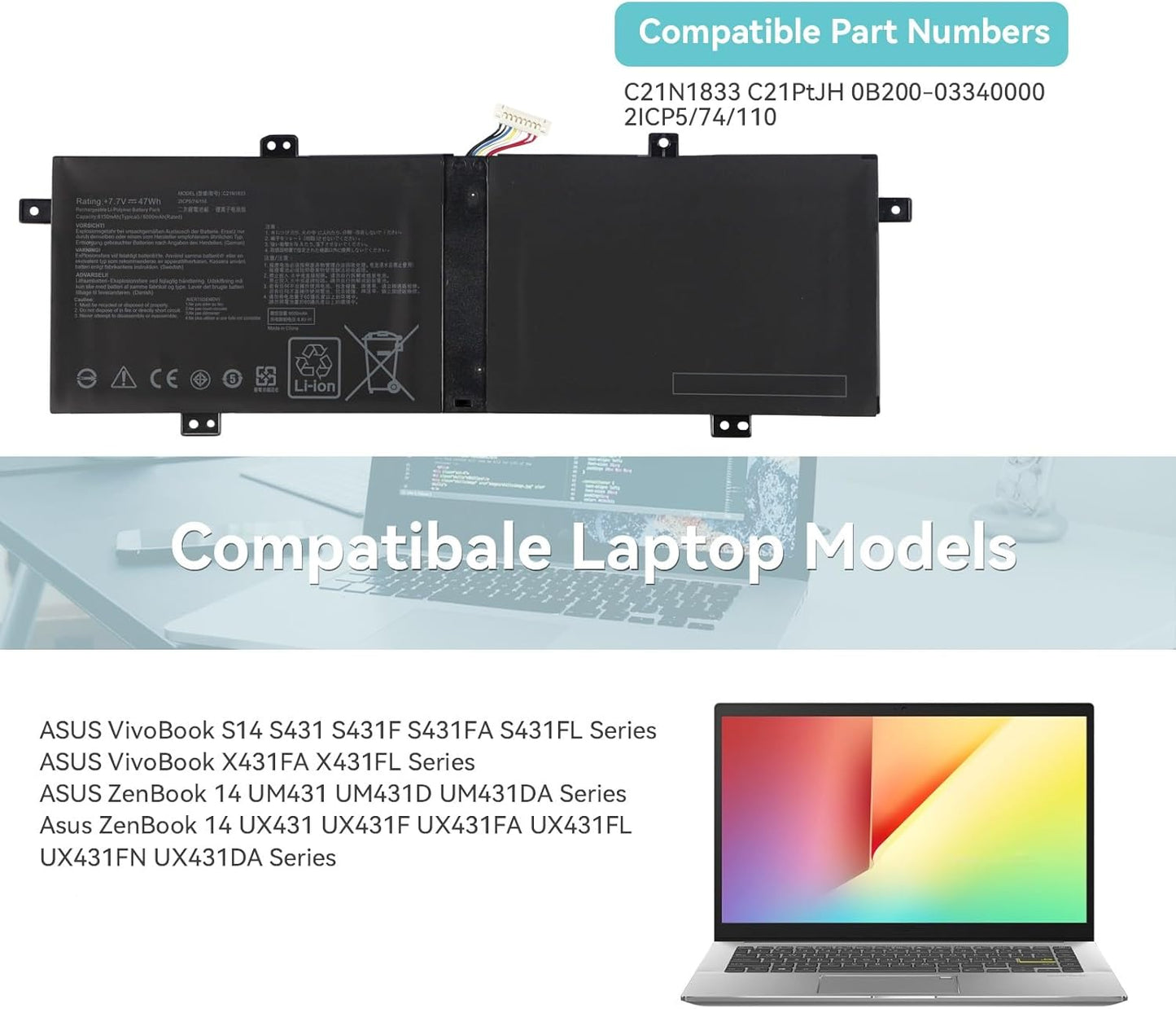 ASUS C21N1833 - C21N1833 Original Laptop Notebook Battery (1 Yr Warranty)