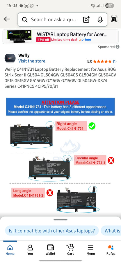 ASUS C41N1731 TYPE-2- C41N1731 TYPE-2 Original Laptop Notebook Battery (1 Yr Warranty)
